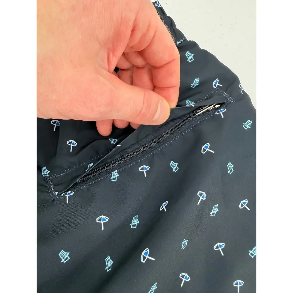 NWT Paul Smith Pool Beach Umbrella Print Navy Swim Trunks Size SMALL